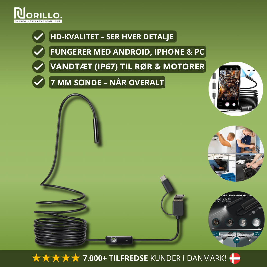 Norillo™ – Fleksibelt HD Endoskopkamera med 6 justerbare LED-lys